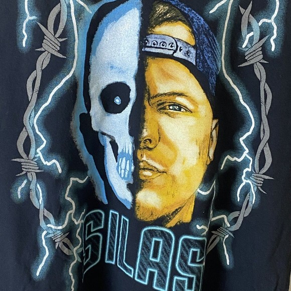 SILAS AMERICAN THUNDER Mens Black Short Sleeve T Shirt Size L Double Sided Bolts - Picture 4 of 9